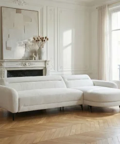 Canapé d'angle convertible avec méridienne arrondie Milord Tissu texturé Crème