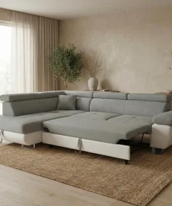 Canapé d'angle convertible Antoni avec têtières relevables angle gauche simili Blanc et tissus Gris clair