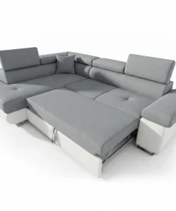 Canapé d'angle convertible Antoni avec têtières relevables angle gauche simili Blanc et tissus Gris clair