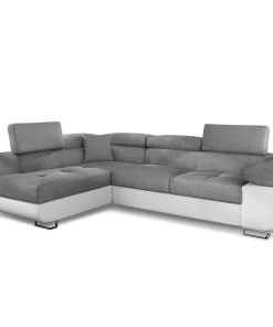 Canapé d'angle convertible Antoni avec têtières relevables angle gauche simili Blanc et tissus Gris clair