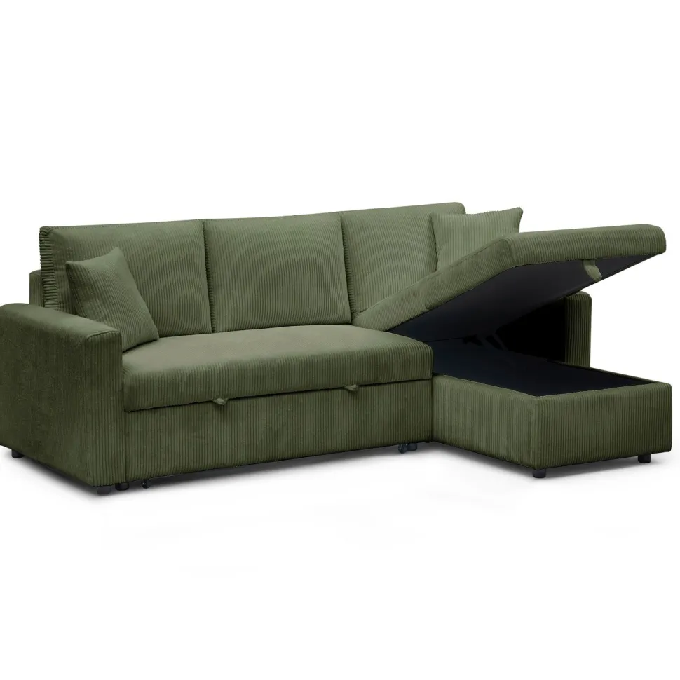 Canapé d'angle convertible avec coffre de rangement réversible Toledo Velours côtelé Vert