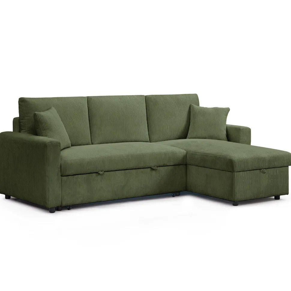 Canapé d'angle convertible avec coffre de rangement réversible Toledo Velours côtelé Vert