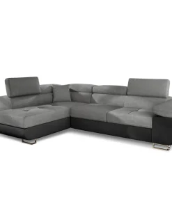 Canapé d'angle convertible Antoni avec têtières relevables Simili Noir et Tissu Gris foncé