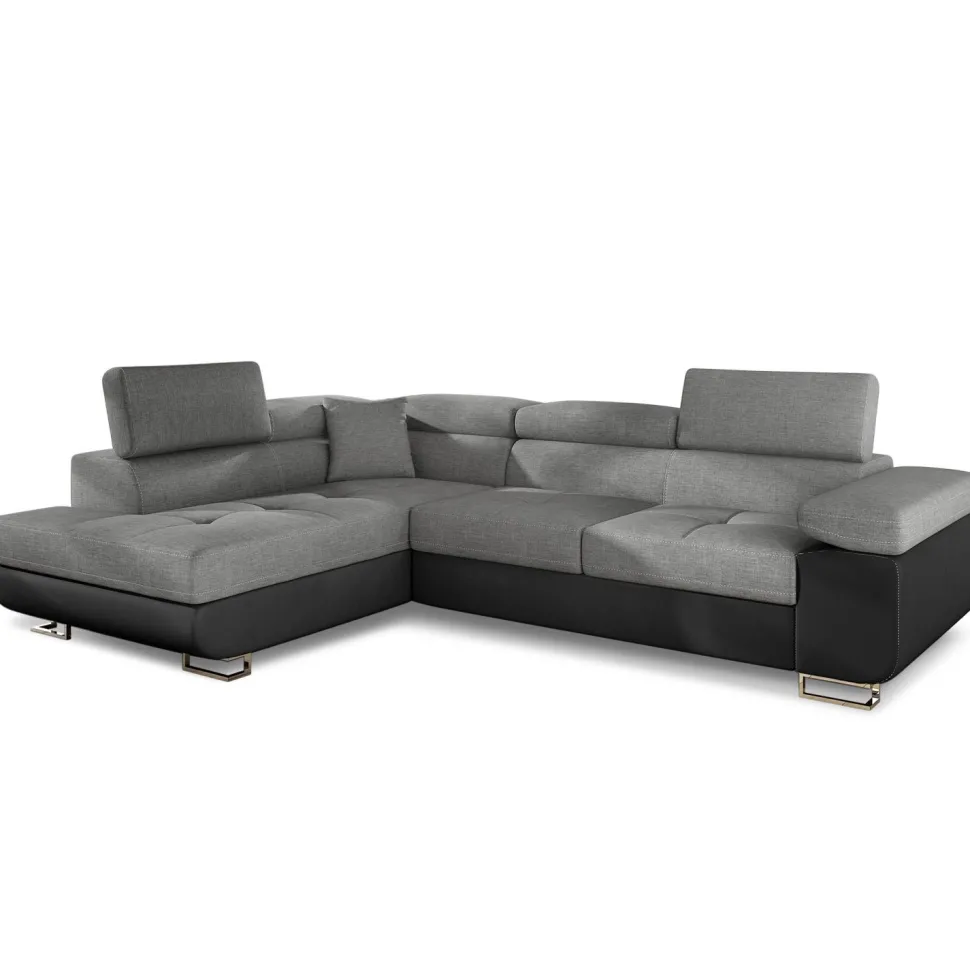 Canapé d'angle convertible Antoni avec têtières relevables Simili Noir et Tissu Gris foncé