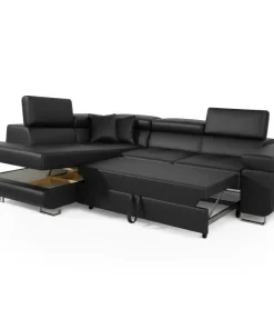 Canapé d'angle convertible Antoni avec têtières relevables Simili Noir