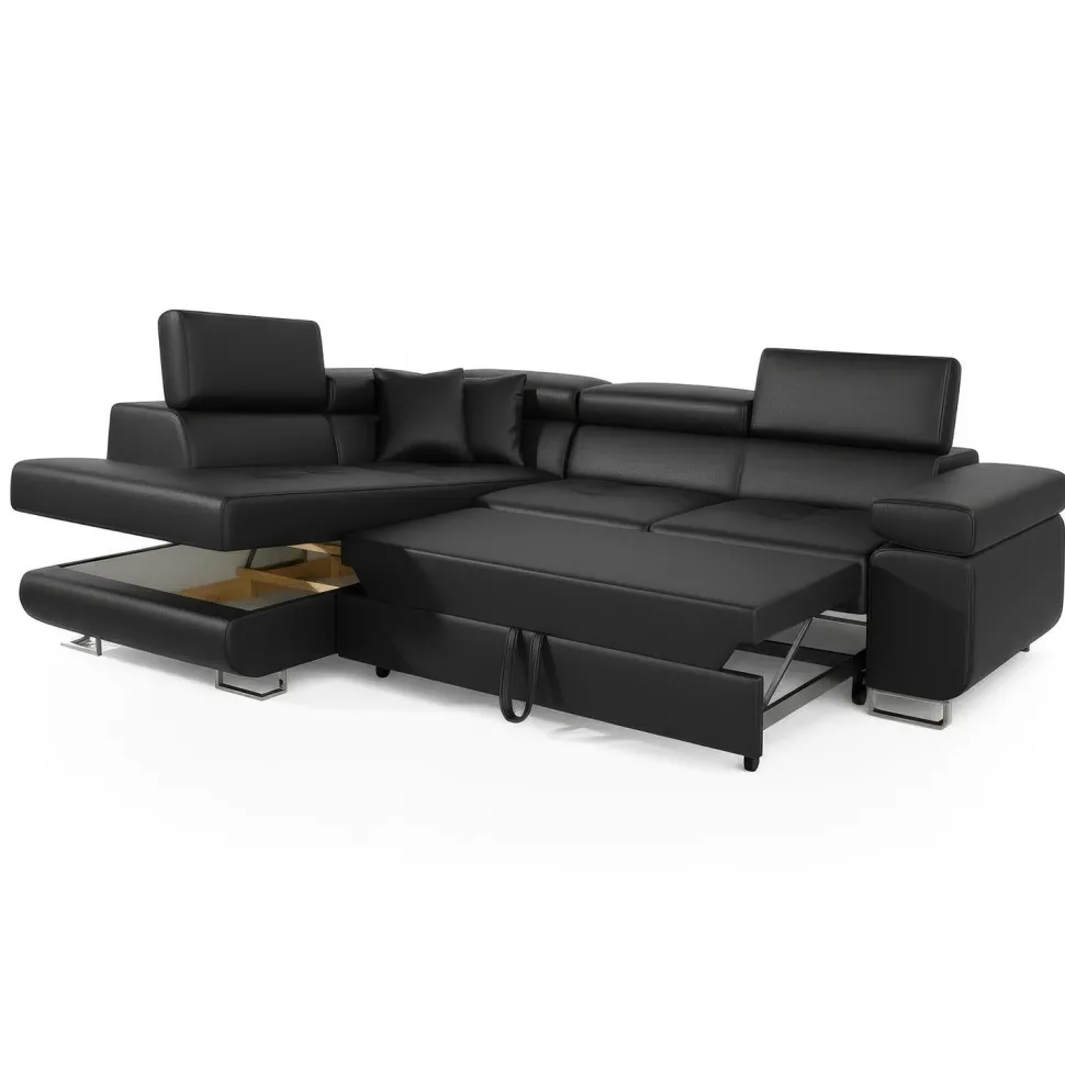 Canapé d'angle convertible Antoni avec têtières relevables Simili Noir