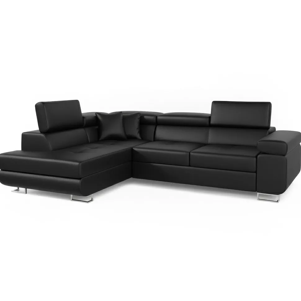 Canapé d'angle convertible Antoni avec têtières relevables Simili Noir