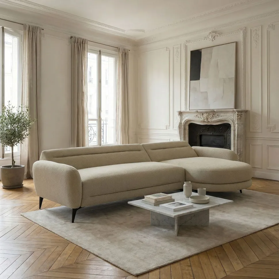 Canapé d'angle convertible avec méridienne arrondie Milord Tissu texturé taupe