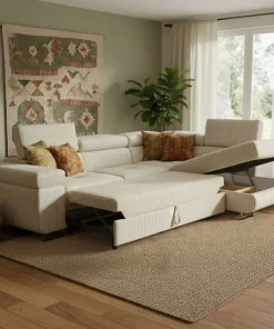 Canapé d'angle convertible Antoni avec têtières relevables angle à droite Velours côtelé Beige