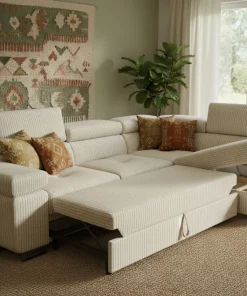 Canapé d'angle convertible Antoni avec têtières relevables angle à droite Velours côtelé Beige