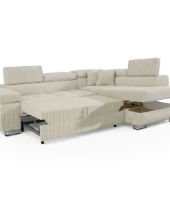Canapé d'angle convertible Antoni avec têtières relevables angle à droite Velours côtelé Beige