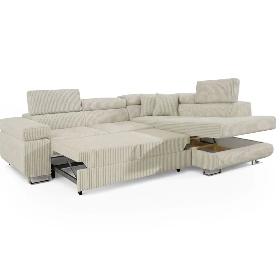 Canapé d'angle convertible Antoni avec têtières relevables angle à droite Velours côtelé Beige