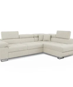 Canapé d'angle convertible Antoni avec têtières relevables angle à droite Velours côtelé Beige