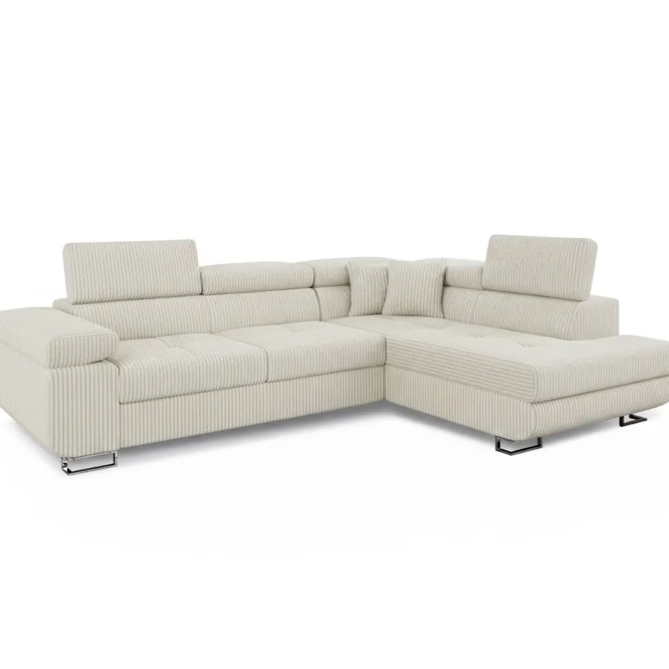 Canapé d'angle convertible Antoni avec têtières relevables angle à droite Velours côtelé Beige