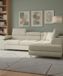 Canapé d'angle convertible Antoni avec têtières relevables angle à droite Velours côtelé Beige