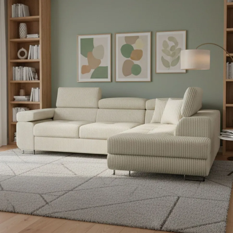 Canapé d'angle convertible Antoni avec têtières relevables angle à droite Velours côtelé Beige