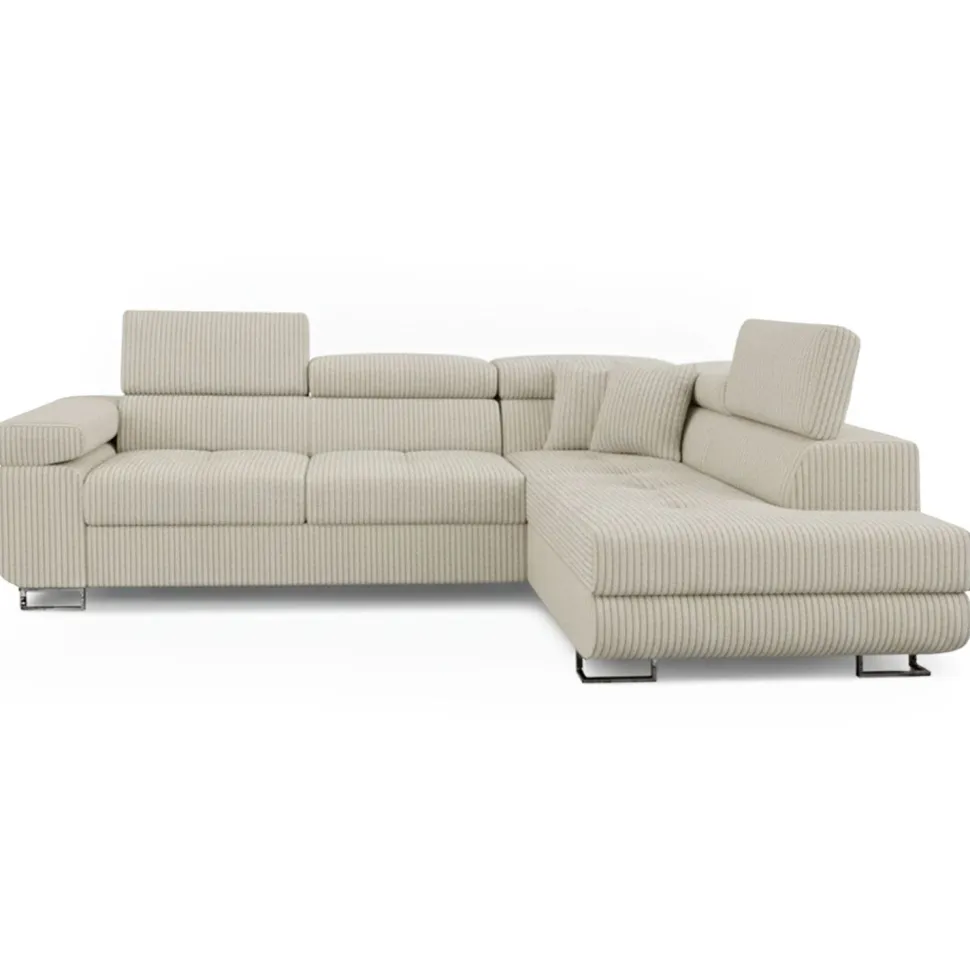 Canapé d'angle convertible Antoni avec têtières relevables angle à droite Velours côtelé Beige