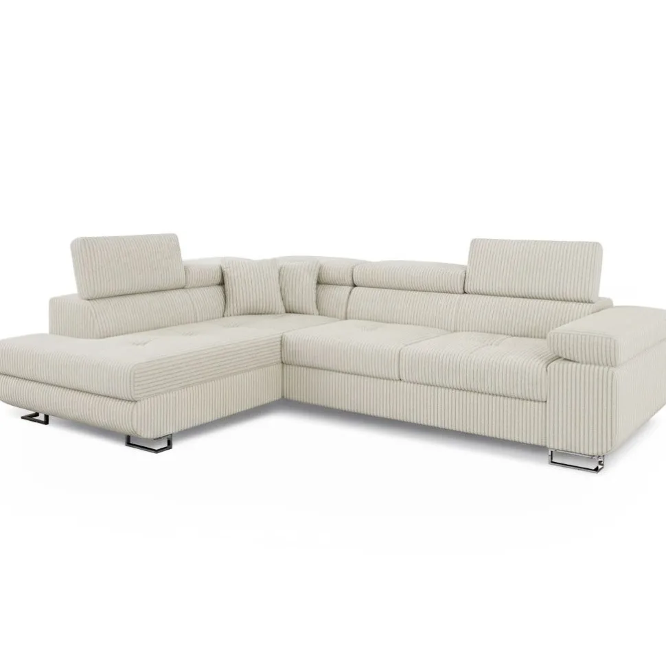 Canapé d'angle convertible Antoni avec têtières relevables angle à gauche Velours côtelé Beige