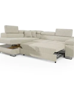 Canapé d'angle convertible Antoni avec têtières relevables angle à gauche Velours côtelé Beige