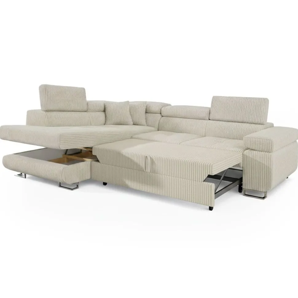 Canapé d'angle convertible Antoni avec têtières relevables angle à gauche Velours côtelé Beige