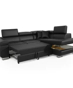 Canapé d'angle convertible Antoni avec têtières relevables Simili Noir