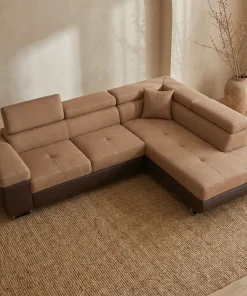 Canapé d'angle convertible Antoni avec têtières relevables angle à droite simili Marron et tissu Marron