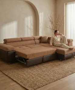 Canapé d'angle convertible Antoni avec têtières relevables angle à droite simili Marron et tissu Marron