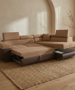 Canapé d'angle convertible Antoni avec têtières relevables angle à droite simili Marron et tissu Marron