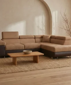 Canapé d'angle convertible Antoni avec têtières relevables angle à droite simili Marron et tissu Marron