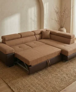 Canapé d'angle convertible Antoni avec têtières relevables angle à droite simili Marron et tissu Marron