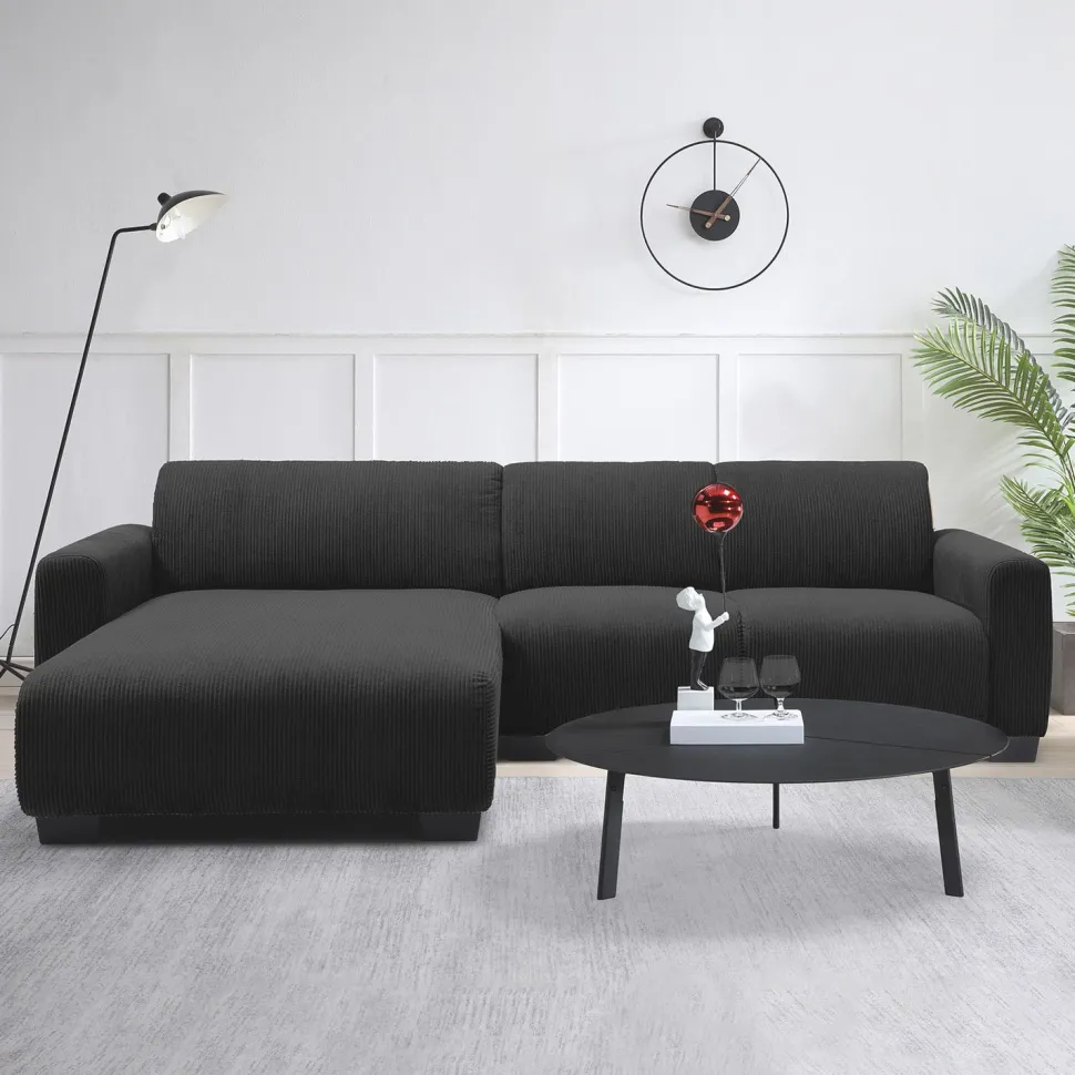 Canapé d'angle moderne 288cm Wallis Velours côtelé Noir