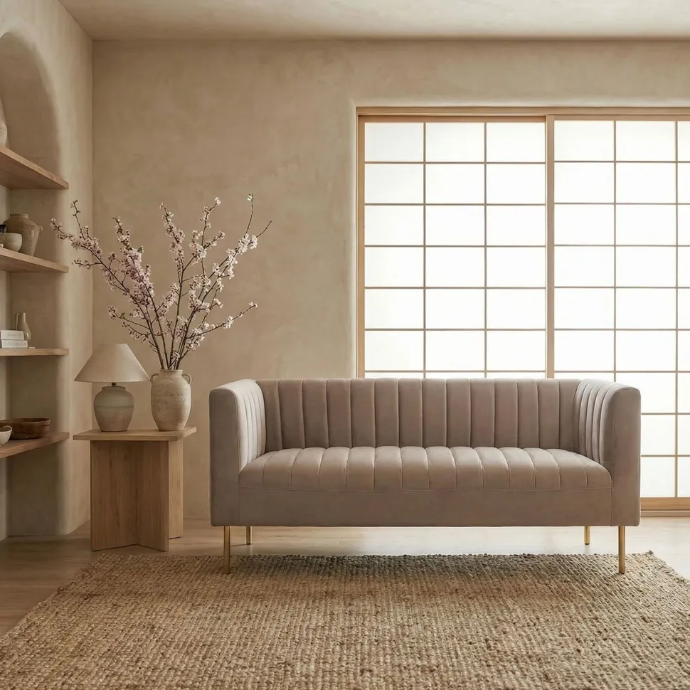 Canapé moderne 2 places à coutures verticales Sacramento Velours Taupe