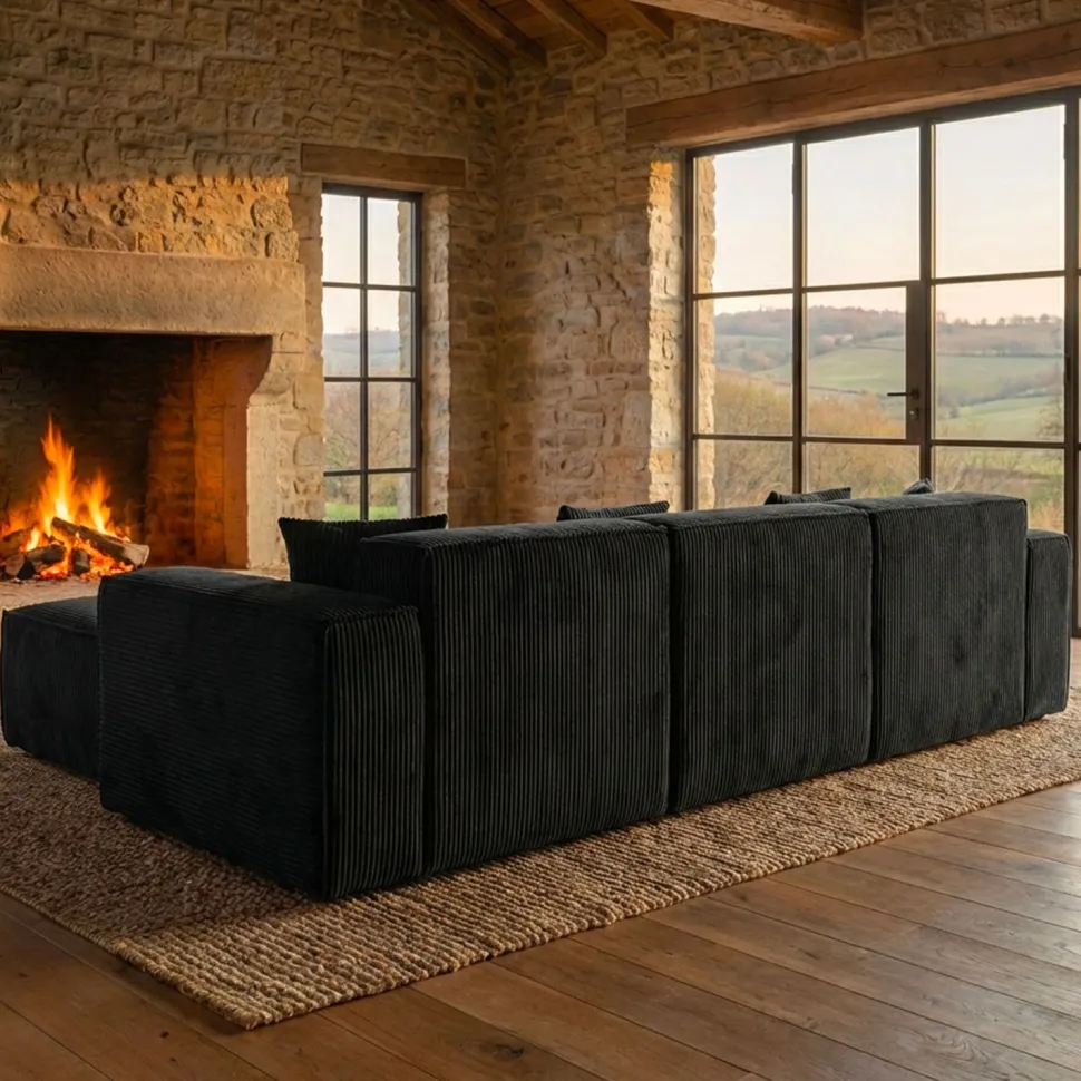 Canapé modulable en angle avec pouf Archiduc Velours Noir