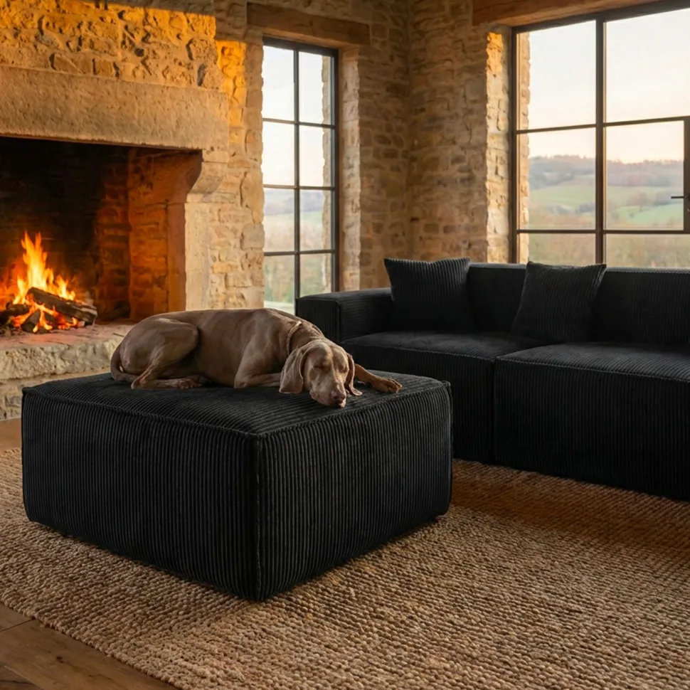 Canapé modulable en angle avec pouf Archiduc Velours Noir