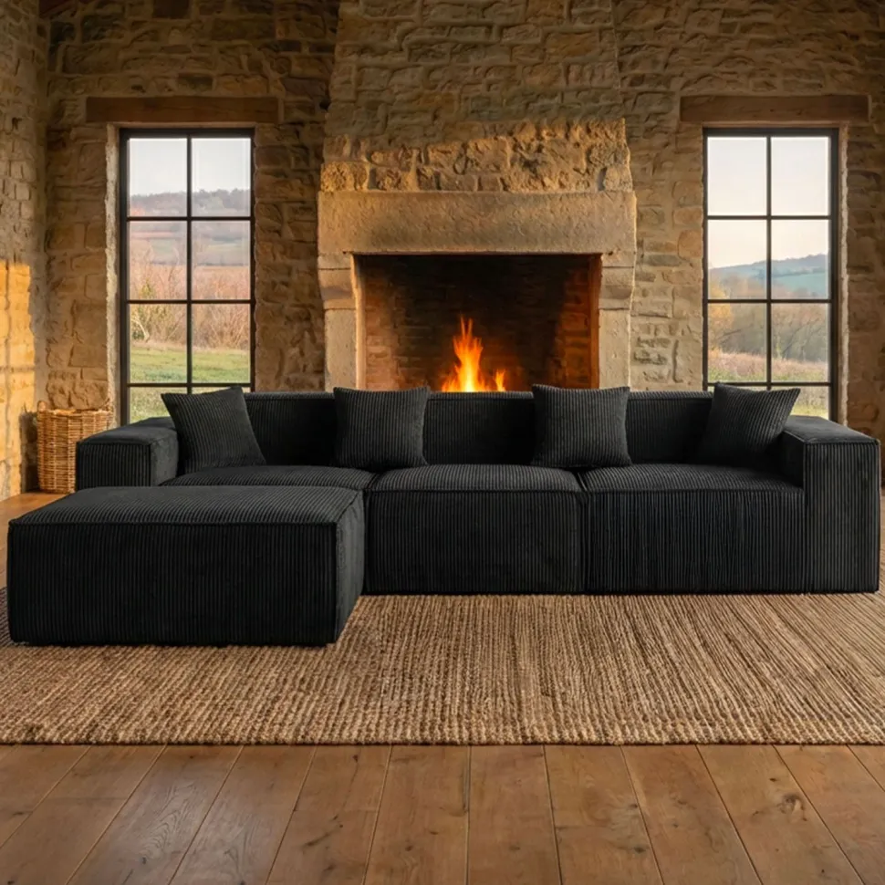 Canapé modulable en angle avec pouf Archiduc Velours Noir