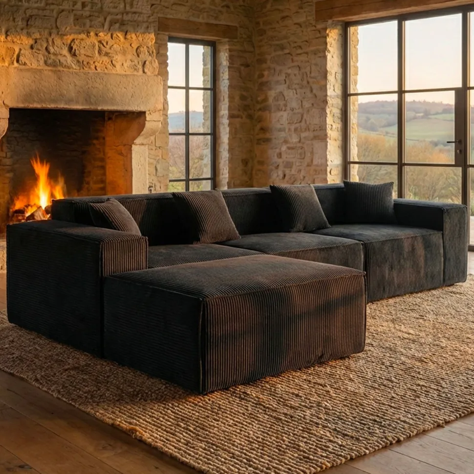 Canapé modulable en angle avec pouf Archiduc Velours Noir