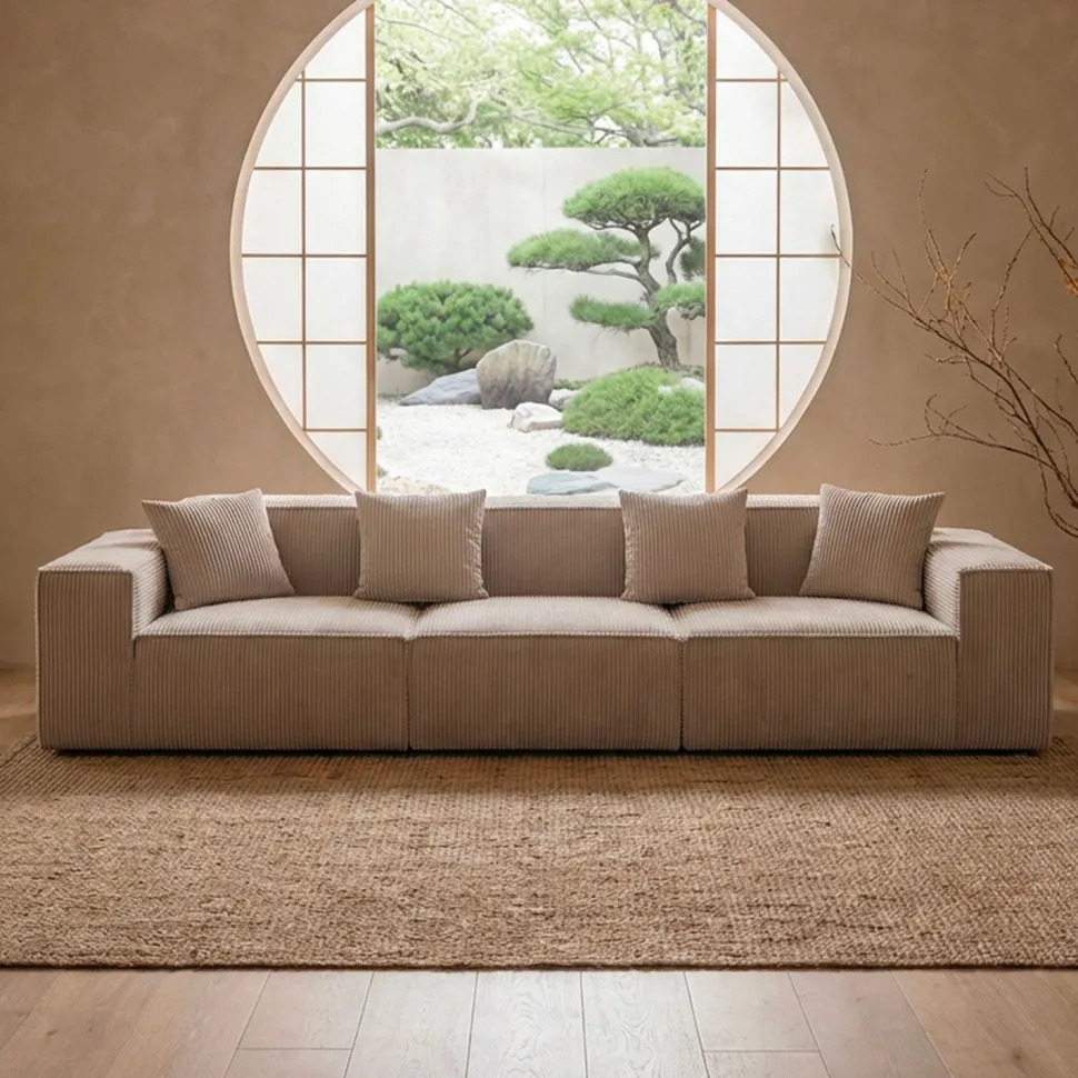 Canapé modulable en angle avec pouf Archiduc Velours côtelé Taupe