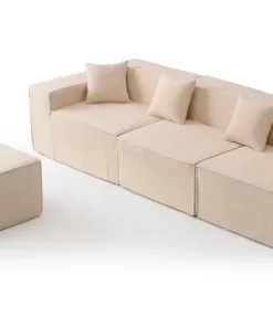 Canapé modulable en angle avec pouf Archiduc Tissu bouclette beige