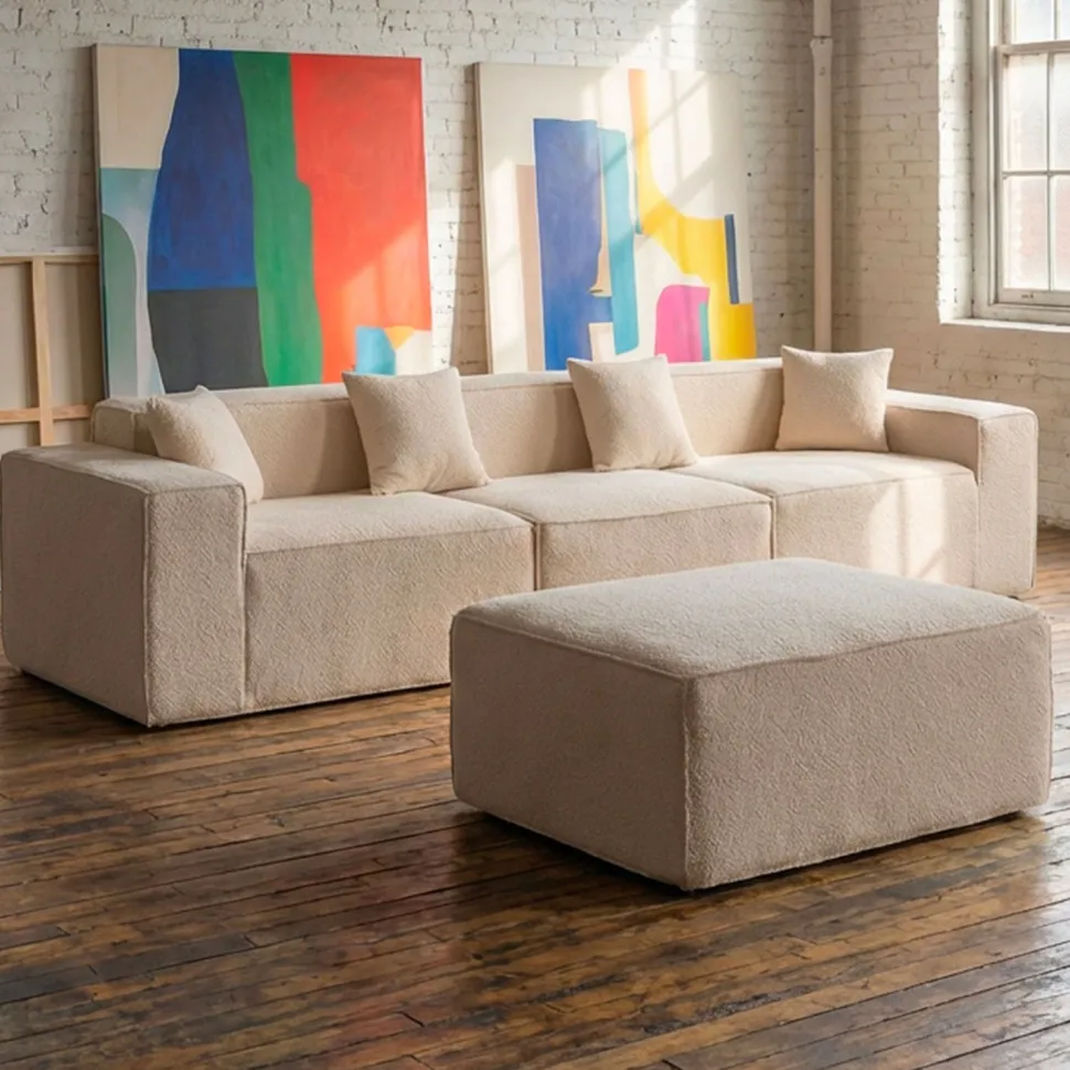Canapé modulable en angle avec pouf Archiduc Tissu bouclette beige