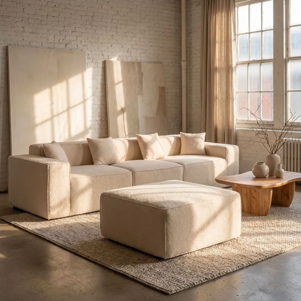 Canapé modulable en angle avec pouf Archiduc Tissu bouclette beige