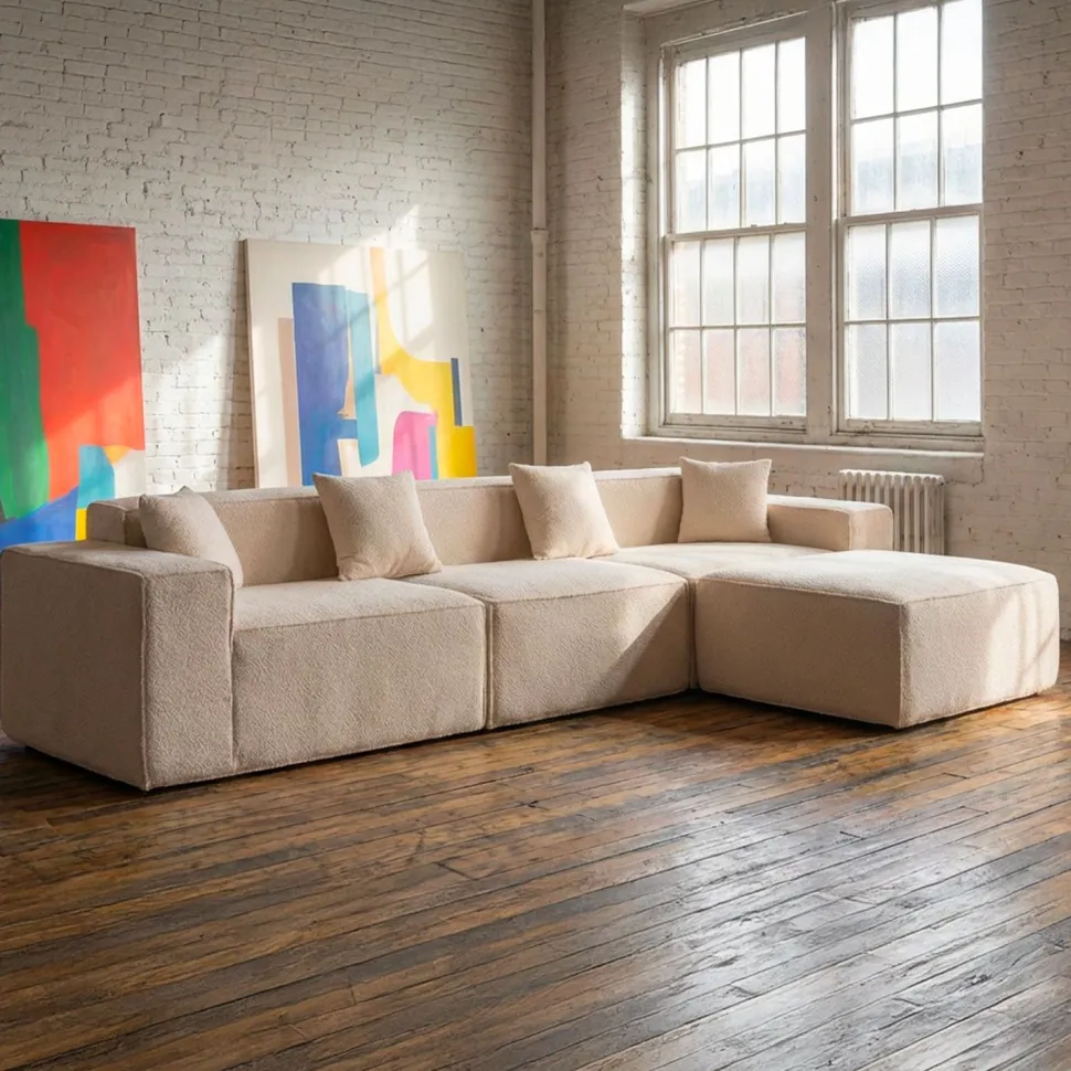 Canapé modulable en angle avec pouf Archiduc Tissu bouclette beige