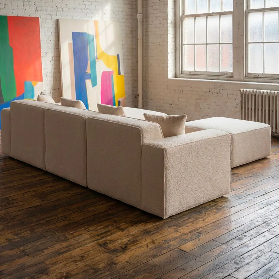 Canapé modulable en angle avec pouf Archiduc Tissu bouclette beige