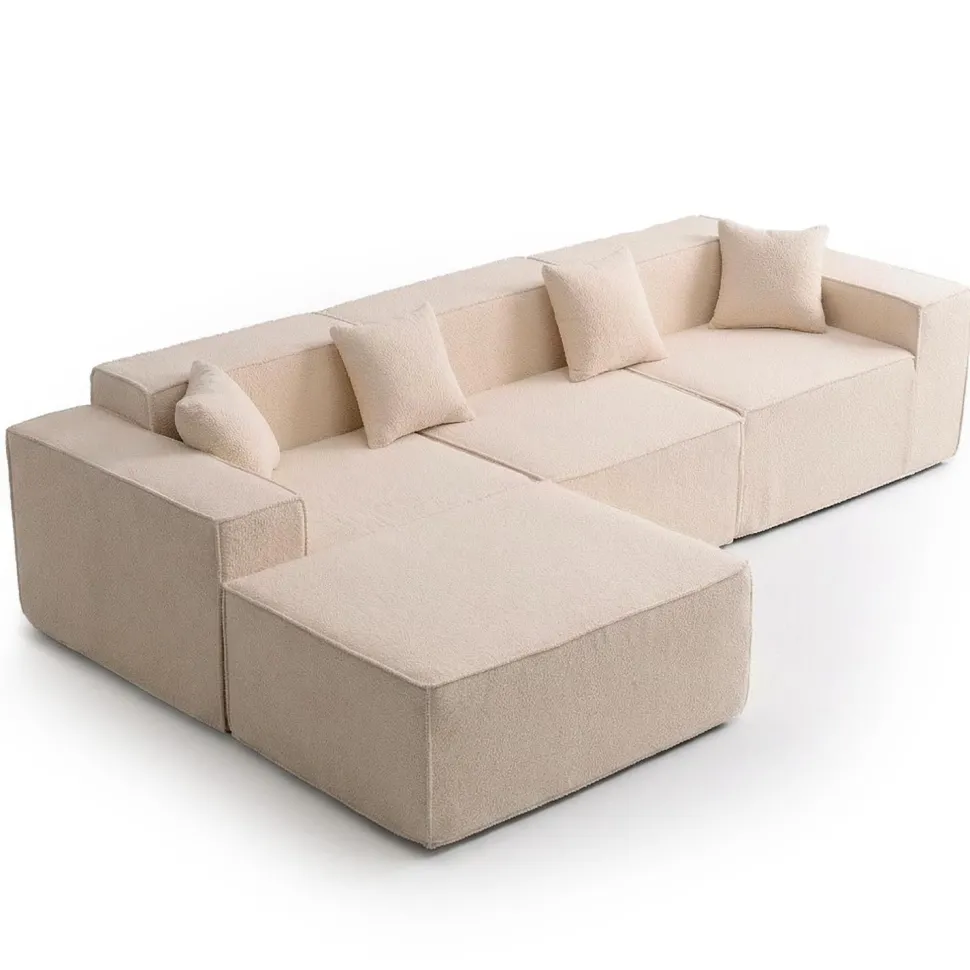 Canapé modulable en angle avec pouf Archiduc Tissu bouclette beige