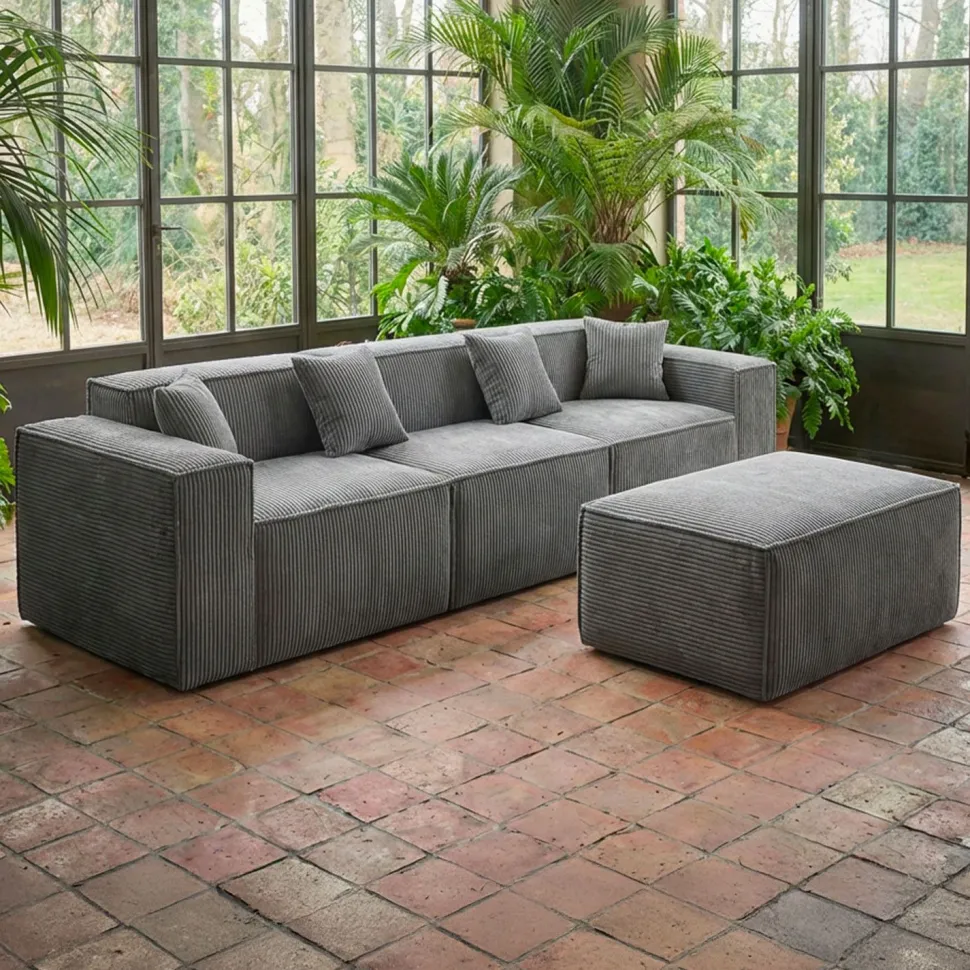 Canapé modulable en angle avec pouf Archiduc Velours côtelé Gris foncé