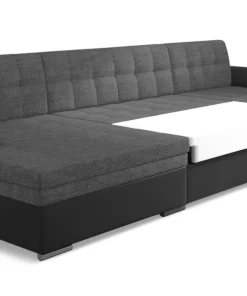 Canapé panoramique d'angle convertible Vento Simili Noir et Tissu Gris Foncé