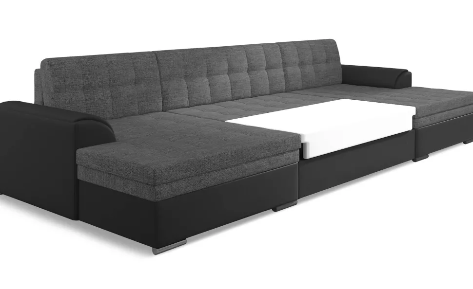 Canapé panoramique d'angle convertible Vento Simili Noir et Tissu Gris Foncé