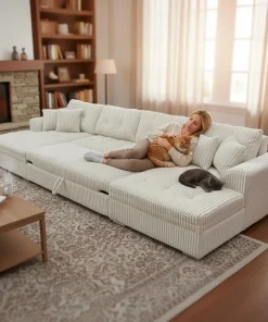 Canapé panoramique d'angle convertible Vento Velours côtelé Crème