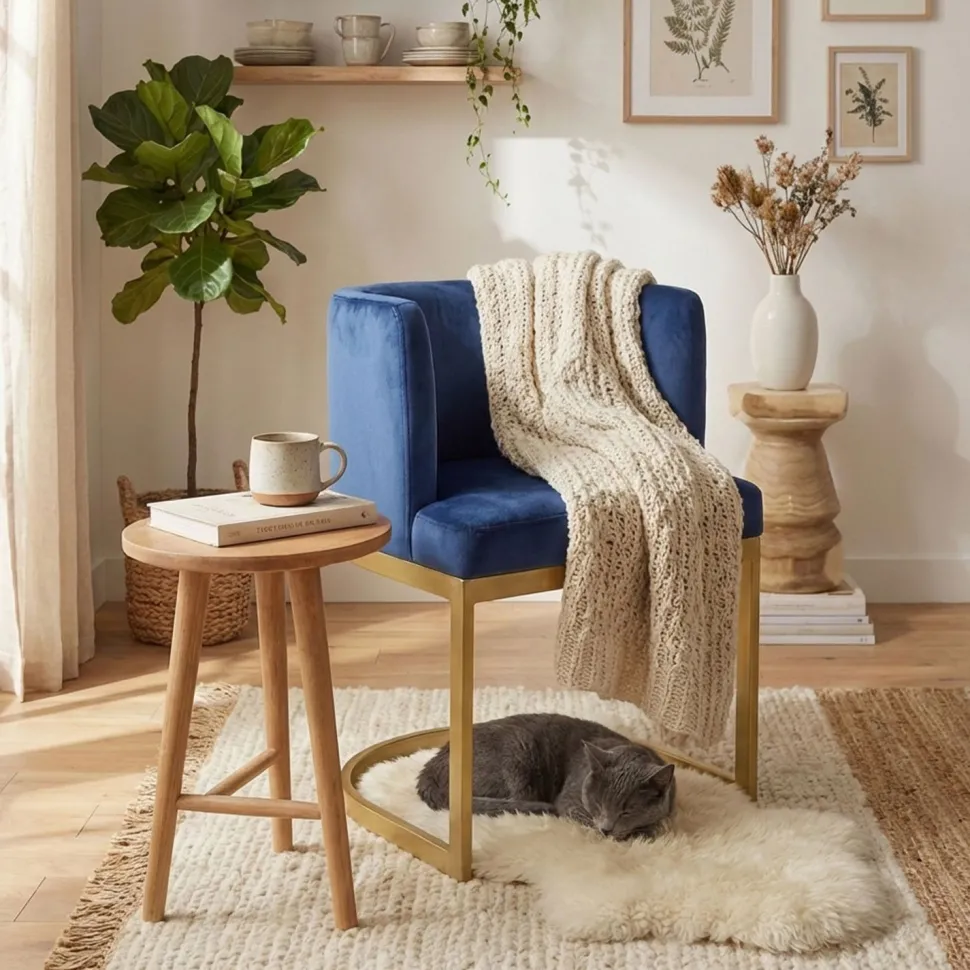 Chaise / Fauteuil Noellie Velours Bleu pieds Or