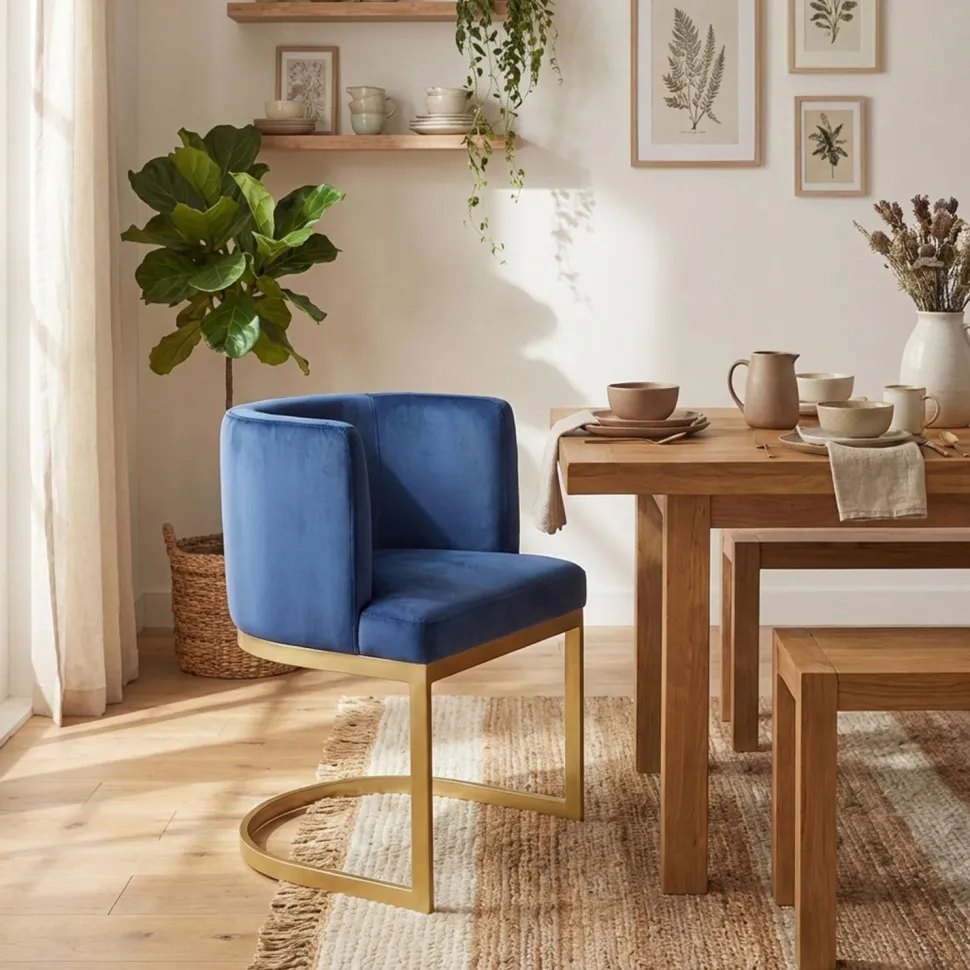 Chaise / Fauteuil Noellie Velours Bleu pieds Or