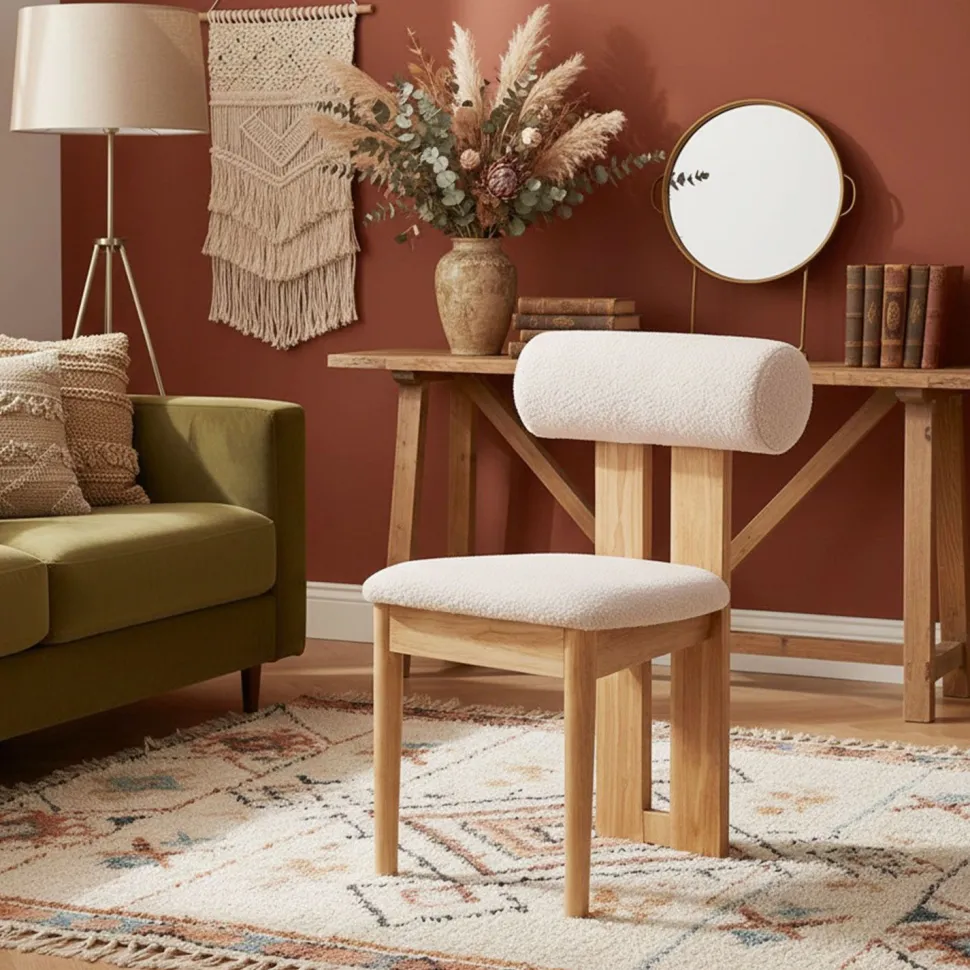 Chaise de salle à manger style intemporel Tuboli Bois clair et Tissu bouclette Beige